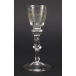 18th century balustroid wine glass with engraved bowl, double knop stem enclosing a tear and