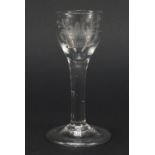 18th century cordial wine glass with etched bowl and folded foot, 13.5cm high : For Condition