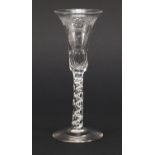 19th century wine glass with opaque twist faceted stem and engraved bowl, 15cm high : For