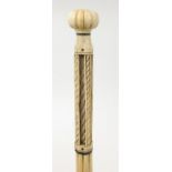 Antique Scrimshaw carved whalebone walking stick with four pillars, 92.5cm in length : For Condition