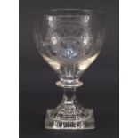 Early 19th century masonic interest glass rummer with engraved bowl, 14cm high : For Condition