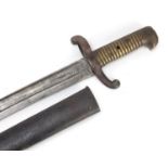 French Military interest Chassepot bayonet with scabbard, impressed marks to the blade, 72cm in