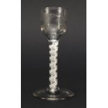 18th century wine glass with opaque twist stem and etched floral bowl, 15cm high : For Condition