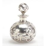 Ornate silver overlaid glass scent bottle, 10cm high : For Condition Reports Please Visit Our