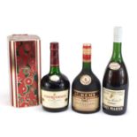 Three bottles of cognac/brandy comprising Vintage Remy Martin VSOP, Courvoisier with box and