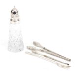 Cut glass sifter with silver lid, silver pickle fork, a pair of glove stretchers and button hook