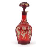 19th century Bohemian ruby glass decanter gilded with foliage, 19cm high : For Condition Reports