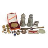 Objects including a Chinese medallion, trench art letter opener, RAF cap badge, military interest