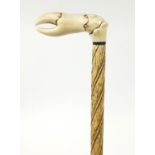 Antique Scrimshaw carved whalebone and ivory walking stick with crab claw handle and spiral twist