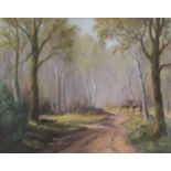 Jean Batten - Sussex woodlands, oil on canvas, label verso, mounted and framed, 49.5cm x 39cm :