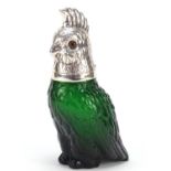 Novelty green glass jug with silver plated mounts in the form of a parrot, 25cm high : For Further