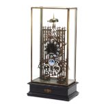 Large French design skeleton clock with moon face and glass case, overall 71cm H x 37cm W x 22cm D :