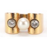 Unmarked gold diamond and pearl ring, (tests as 9ct gold) size O, 8.0g : For Further Condition