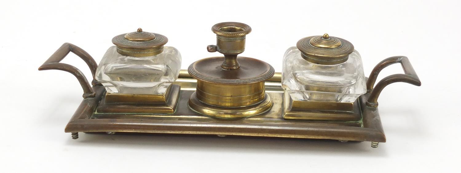 Victorian aesthetic style brass desk stand with two glass inkwells and a chamber stick, 23.5cm - Image 2 of 11