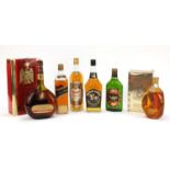 Six bottles of whisky and Armagnac comprising Grants, Scots Grey, Glenfiddich, Johnnie Walker