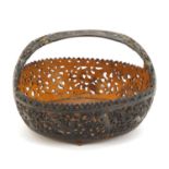 Anglo Indian coconut basket, finely carved with animals amongst flowers and foliage, 18cm wide : For