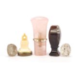 Antique objects comprising an antique rose quartz and rock crystal walking stick pommel, agate