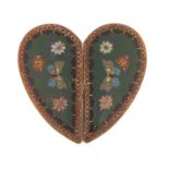 Japanese cloisonné two piece buckle in the form of a heart, enamelled with two butterflies and