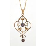 Art Nouveau 9ct gold amethyst pendant, 4.5cm in length, on a 9ct gold necklace, 40cm in length, 3.3g