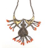 Middle Eastern unmarked silver pendant on chain with coral drops, possibly Indian or Berber