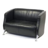 Contemporary black leather two seater settee with chromed legs, 77cm H x 122cm W x 58cm D : For