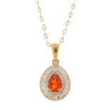 9ct gold fire opal and diamond pendant, 2cm in length, on a 9ct gold necklace, 44cm in length, 2.