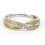 9ct gold diamond half eternity crossover ring, size M, 1.8g : For Further Condition Reports Please