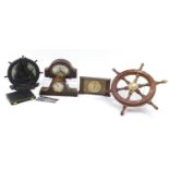 Sundry items including three mantel clocks and a ship's wheel, the largest 52cm in diameter : For