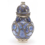 Large Middle Eastern four handled vase with twin handles and applied silver coloured metal mounts,