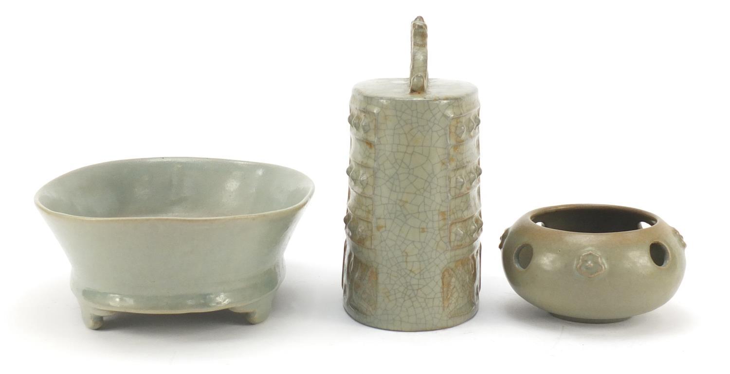 Korean celadon pottery including an archaic style bell and four footed dish, the largest 22cm wide : - Image 5 of 7