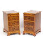 Pair of inlaid yew three drawer bedside chests with brushing slides, 60cm H x 35cm W x 43cm D :