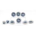 Five Meissen fluted cups with saucers and two additional saucers each, each hand painted in the Blue
