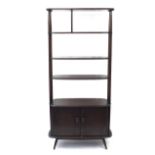 Ercol elm room divider with two adjustable shelves above cupboard base, 191cm H x 91cm W x 41cm