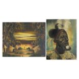 African tribesman and figure before a lake, two African school oil on canvas boards, the largest