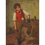 Young boy cleaning his shoe, 19th century oil on canvas laid on board, mounted and framed, 29cm x