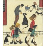 After Laurence Stephen Lowry - Street scene with dogs, oil on board, framed, 16cm x 13.5cm : For