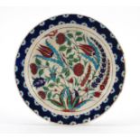 Turkish Iznik pottery plate, hand painted with flowers, 23.5cm in diameter : For Further Condition