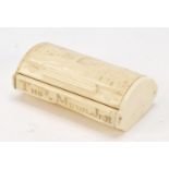 Early 19th century bone snuff box carved with a town, inscribed Thos Munn Jnr, 8cm wide : For