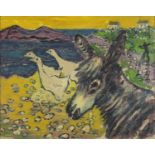 Manner of Gerard Dillon - Geese and donkey by water, oil on canvas, framed, 49cm x 39cm : For