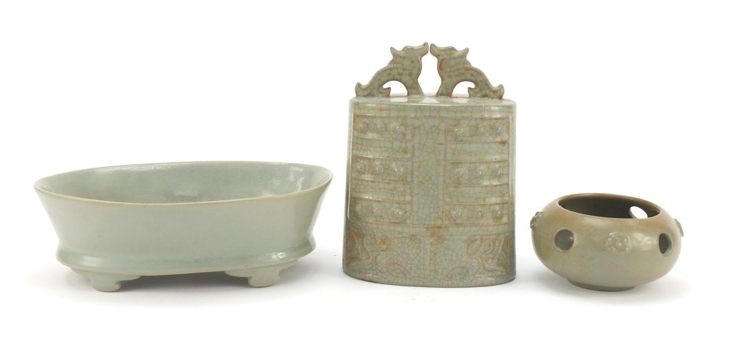 Korean celadon pottery including an archaic style bell and four footed dish, the largest 22cm wide : - Image 4 of 7