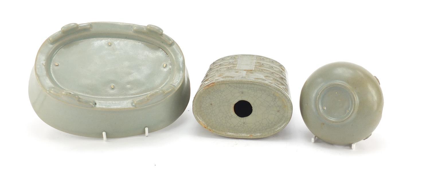 Korean celadon pottery including an archaic style bell and four footed dish, the largest 22cm wide : - Image 7 of 7