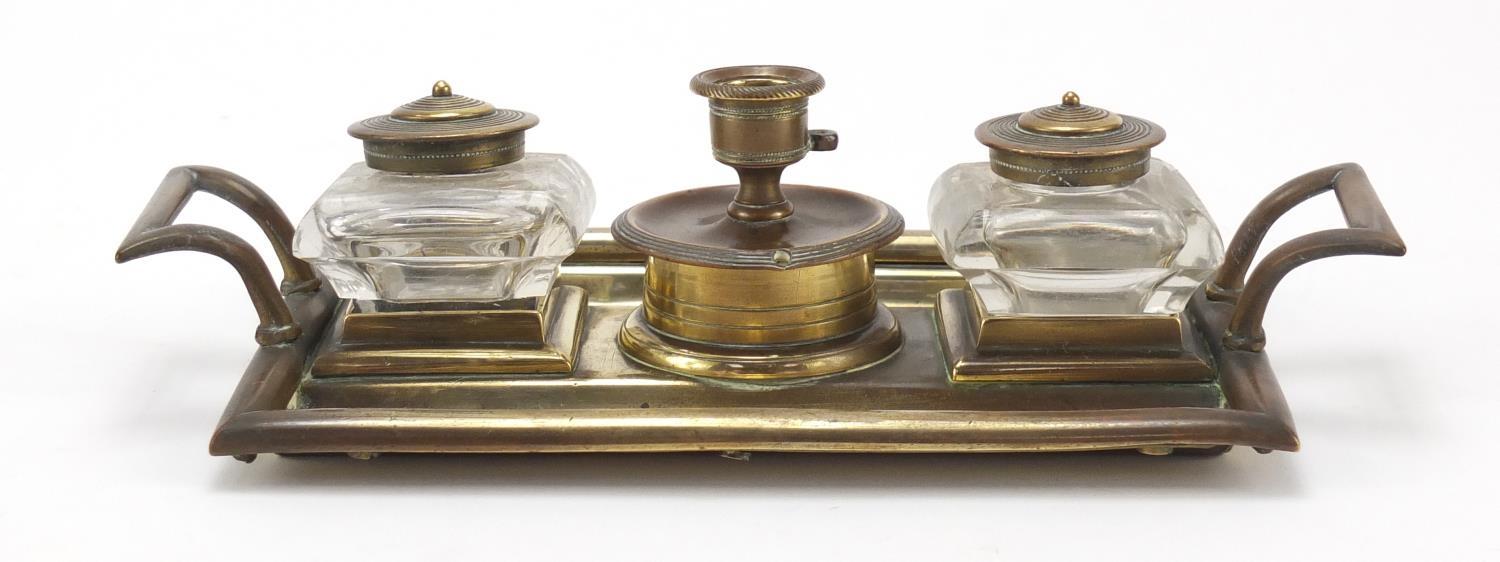 Victorian aesthetic style brass desk stand with two glass inkwells and a chamber stick, 23.5cm - Image 4 of 11
