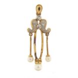 Arts & Crafts design 9ct gold diamond and pearl pendant, 3.5cm in length, 2.5g : For Further
