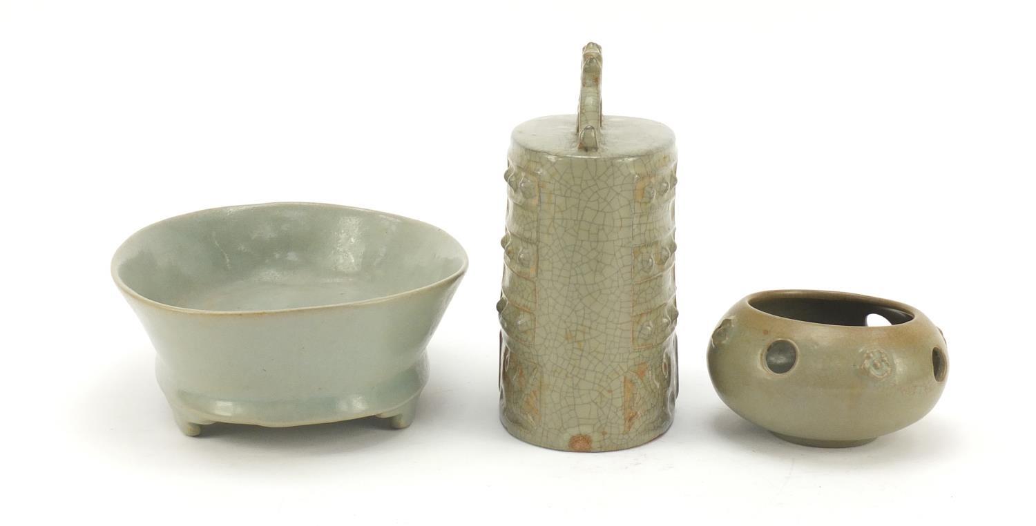 Korean celadon pottery including an archaic style bell and four footed dish, the largest 22cm wide : - Image 3 of 7