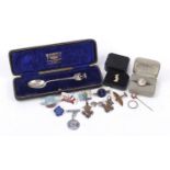 Objects including a silver spoon with fitted case, Spitfire brooch and butterfly earrings : For