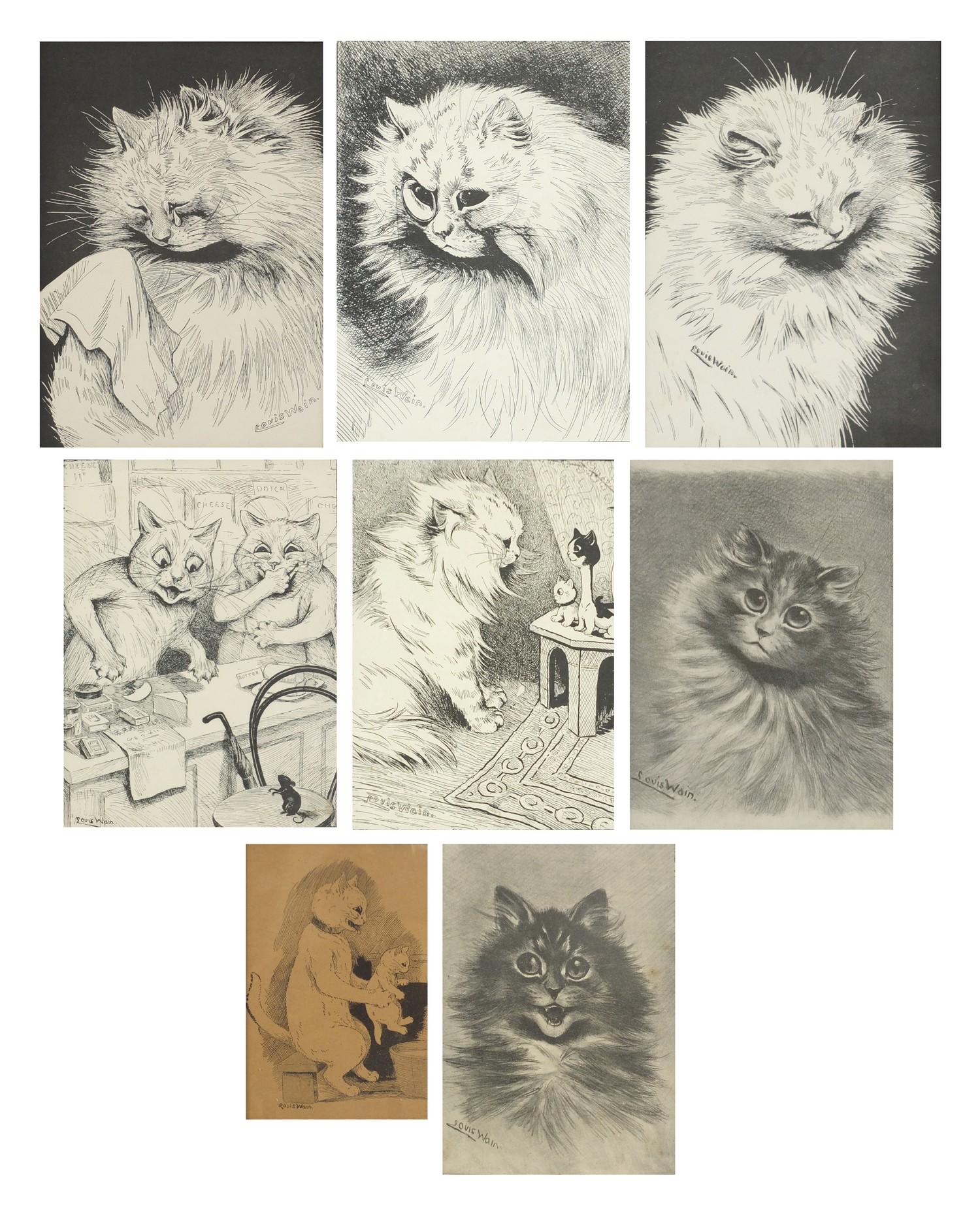 Louis Wain - Cats, eight vintage and later prints, each framed and glazed, the largest 18.5cm x 13cm