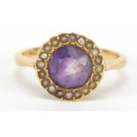 18ct gold amethyst and seed pearl ring, size J, 3.8g : For Further Condition Reports Please Visit