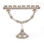 Sterling silver eight branch Jewish Hanukkah menorah, 13.5cm high x 15.5cm wide, 400.0g : For