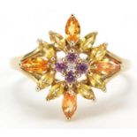 9ct gold multi gem ring, set with a central diamond, size U, 3.8g : For Further Condition Reports