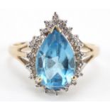 9ct gold blue topaz and diamond pear shaped ring, size P, 3.1g : For Further Condition Reports